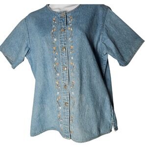 VTG Woolrich Women's Denim Embroidered Garden Tools Short Sleeve Shirt M 90s Y2K